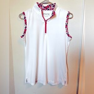 ETONIC Sleeveless White golf shirt, NWOT, sz Small, pink camo trim mock neck top
